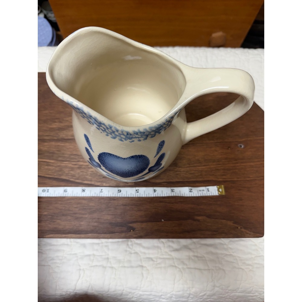 Vintage Blue Heart Sponge Painted Ceramic Pitcher Farmhouse Crackle Glaze 7in - Picture 3 of 5